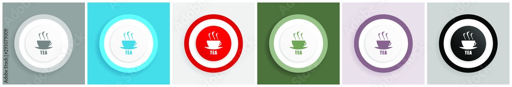 Poster Tea icon set, colorful flat design vector illustrations in 6 options for web design and mobile applications