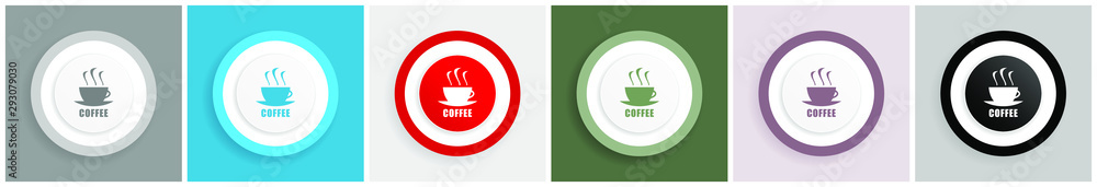 Poster Coffee icon set, colorful flat design vector illustrations in 6 options for web design and mobile applications