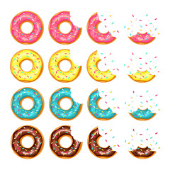 whole donut and half-eaten donut with pink, chocolate, lemon, blue mint glaze. vector illustration 