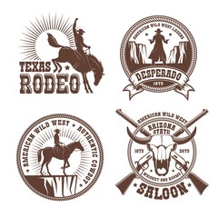 Cowboy wild west rodeo vintage logo. Cowboy horse rider silhouette vintage emblem. Vector illustration. - obrazy, fototapety, plakaty