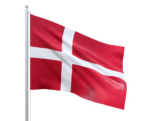 Denmark flag waving on white background, close up, isolated. 3D render