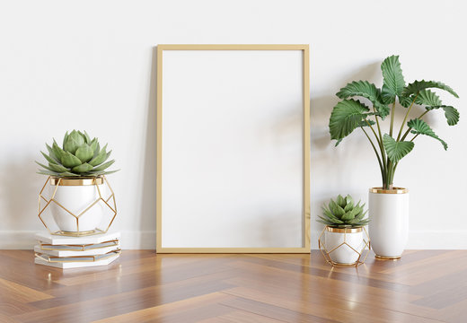 Wooden frame leaning in bright white interior with plants and decorations mockup 3D rendering