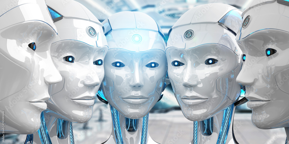 Poster group of female robots close to each others cyborg army concept 3d rendering