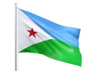 Djibouti flag waving on white background, close up, isolated. 3D render