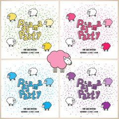 Pajama party, sleepover party, slumber party. A set of invitation cards or posters template with space for text. Jumping sheep. Counting sheep before going to sleep. Background - vector.