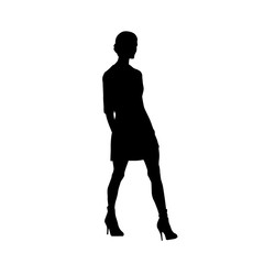 Woman walking forward, isolated vector silhouette. Slim body, high heels, short hair, long legs. Young adult lady