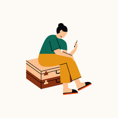 Woman go on trip. Woman sitting on suitcases and studying a map on her phone. Flat vector illustration