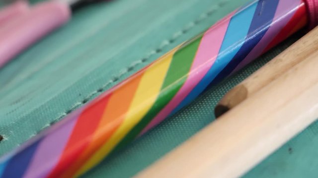 Child's pencils in a carry case for school, writing, drawing or art - macro