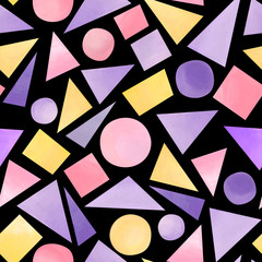 Abstract seamless pattern. Geometric shapes in pastel colors on a black background. Universal colorful wallpaper. Element for design in retro style.