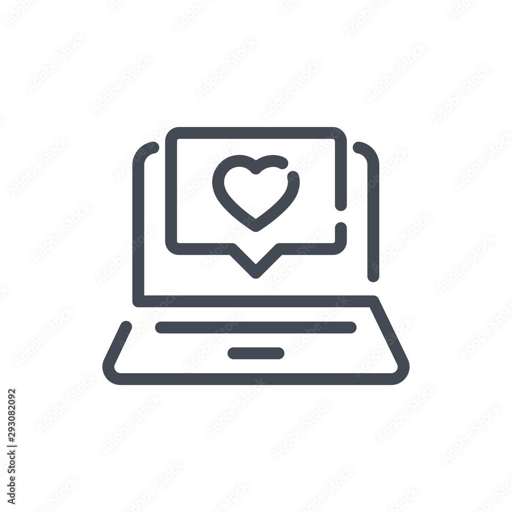 Aufkleber laptop with like pop up notification line icon. computer with heart in chat box vector outline sign.