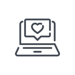 Laptop with like pop up notification line icon. Computer with heart in chat box vector outline sign.