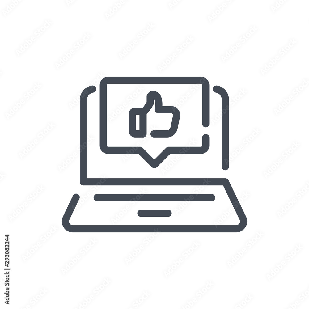 Fototapete laptop with like pop up notification line icon. computer with thumb up in chat box vector outline si