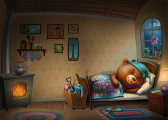 Bear cub sleeps in her bed