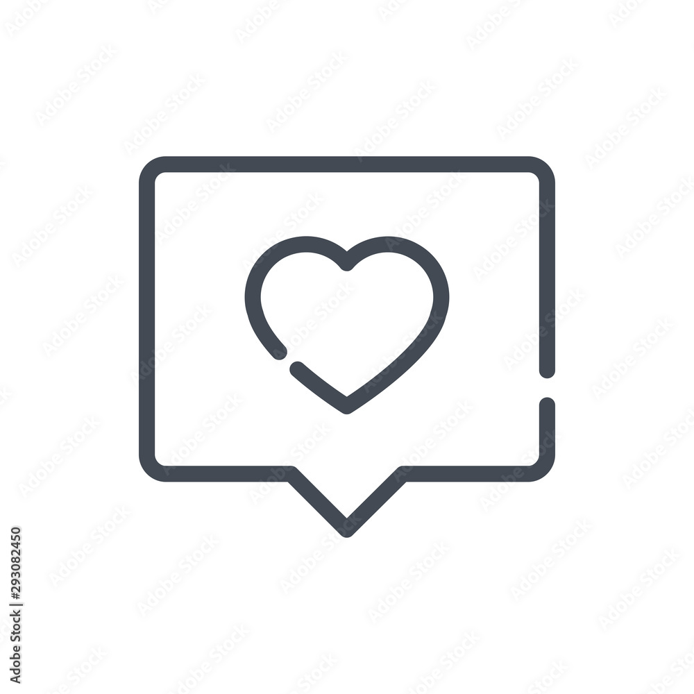 Poster like button with notification box line icon. heart in chat box vector outline sign.