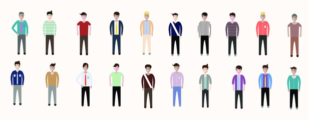 Fototapeta na wymiar Set of full body diverse business people. Fashion man, male, guy, boy stay on white background. Vector illustration flat style. Work and Team concept