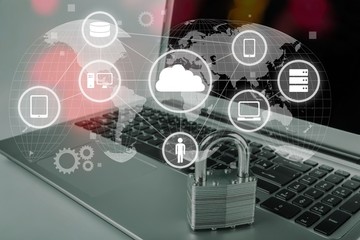 Lock on the laptop  background,Cyber safety concept