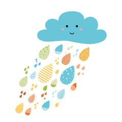 Cute colorful drops of rain clouds. Rainy autumn banner fall background Smile Character