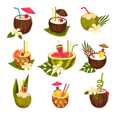 Vector Illustration Set With Different Smoothies In Fruits With Straws, Cherries, Umbrellas, Vanilla Flowers And Palm Leaves. For Brochures, Banners, Advertising Or Menu