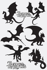 Set black stylized vector illustrations of dragons flying silhouettes element design