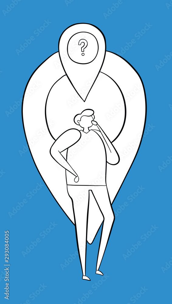 Aufkleber the man is in front of the map pointer and thinks where he is. vector illustration.