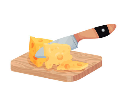 Sliced Piece Of Cheese On A Wooden Square Board Isolated On White Background