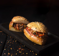 Close-up delicious grilled beef sandwiches