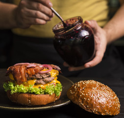 Close-up double cheeseburger with bacon