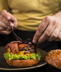 Ready to be served double beef burger with bacon