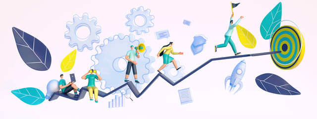 3D render of business man running to achieve target on arrow in against other people with business elements.