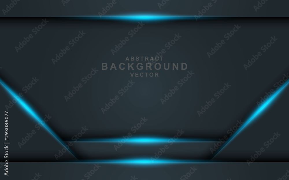 Poster dark abstract background with blue overlap layers. modern texture with golden list and blue square g