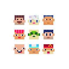 Abstract avatar profile faces, pixel art people characters set design, funny guy, man and boy colorful vector graphic minimalistic style illustration. Design for sticker, web, logo