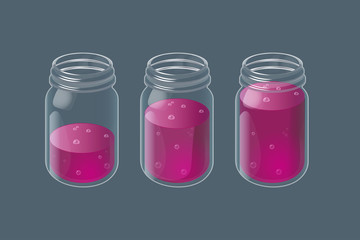 Raspberry lemonade in a jar with a straw and a berry aside. Set of vintage glass of homemade refreshment drink. Vector illustration isolated on dark background.