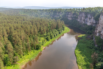 Big cliffs (rocks) on the Ay river. Chelyabinsk region, South Ural, Russia