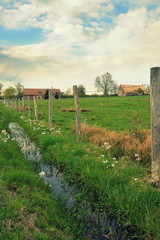 Naklejka premium la clôture d'un pré et un fossé rempli d'eau. un paysage de campagne