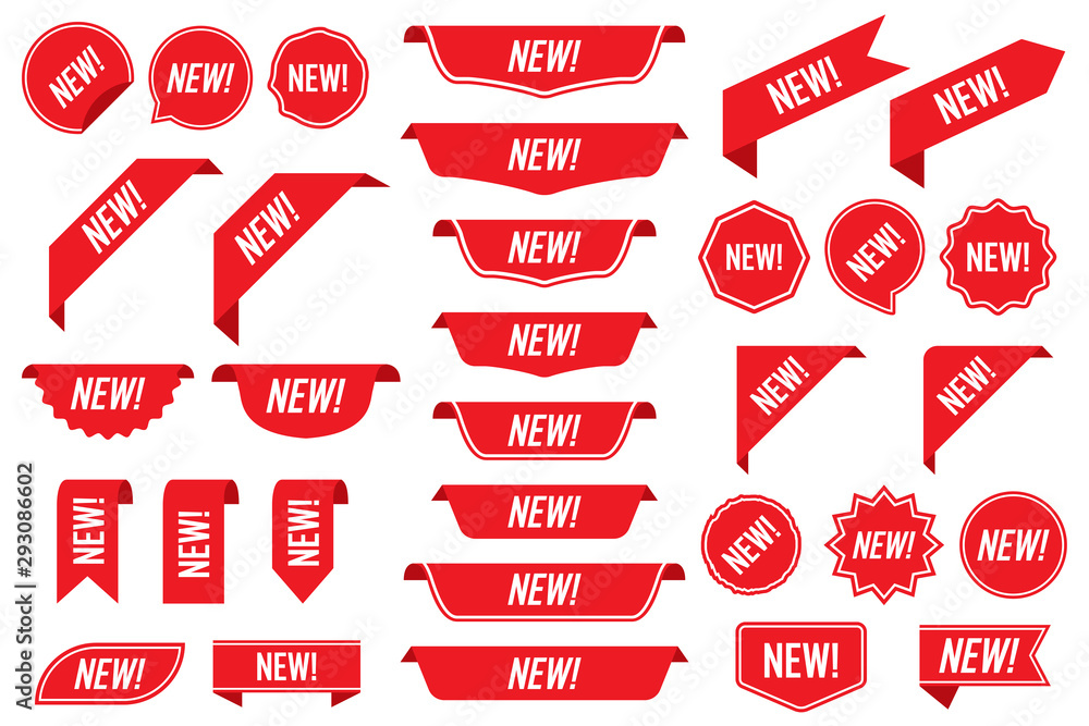 Poster set of new labels in red isolated on white background. vector illustration