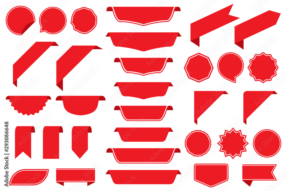 Poster Set of blank labels in red isolated on white background. Ribbon set. Sticker set. Vector illustration