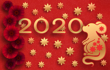 Golden mouse on a textured red background. Template on the theme of the Chinese horoscope. Eastern calendar. Year of the mouse. Free space. Greeting card.