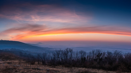 Baranya region, Hungary, 16.02.2019 - Cold morning on hungarian hills with beautiful panoramic view on Baranya region