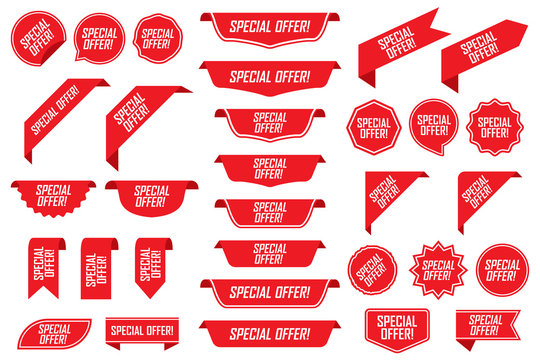 Set of special offer labels in red isolated on white background. Vector illustration