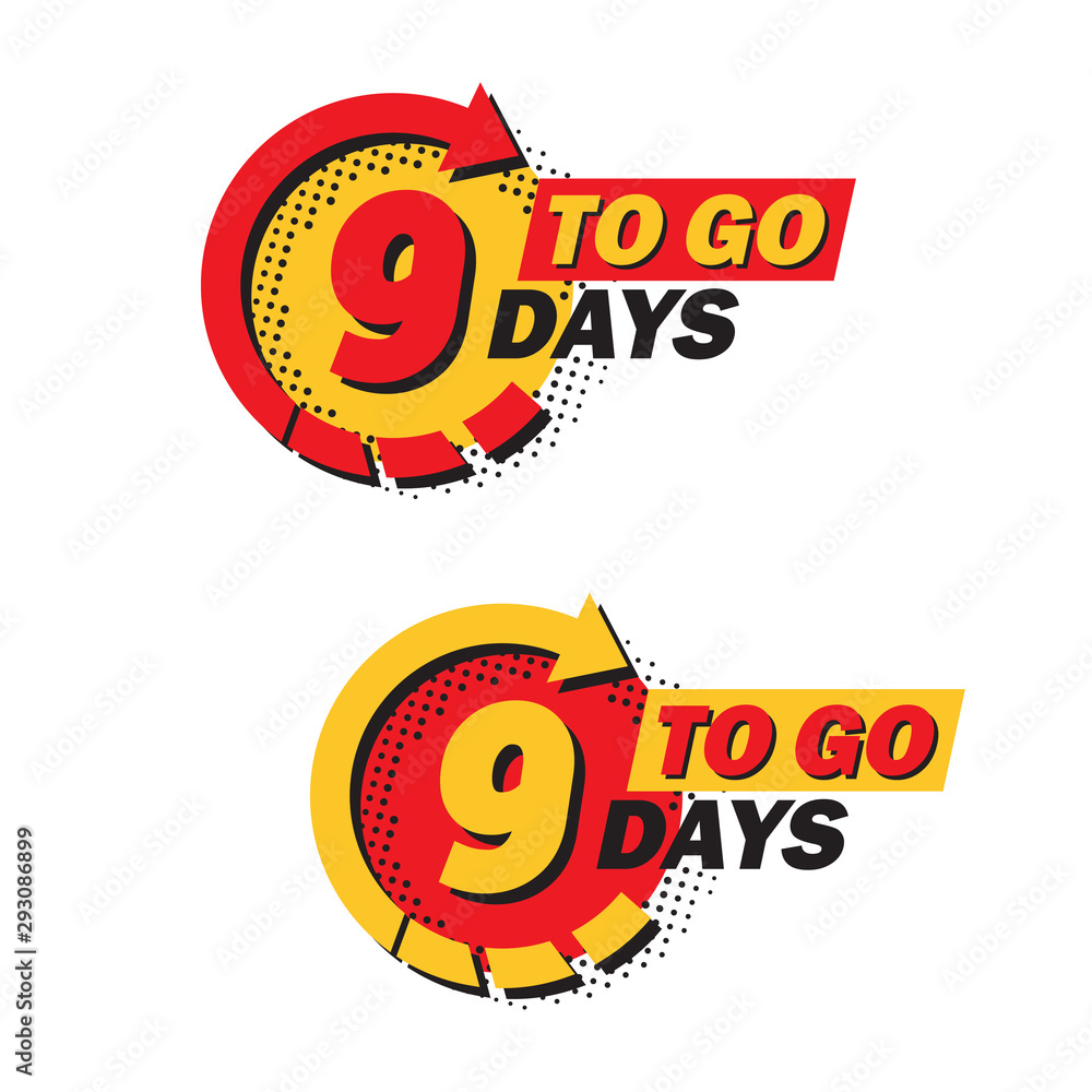 Poster set of countdown nine left days with arrow and halftone in a flat design. announcement icons for pro