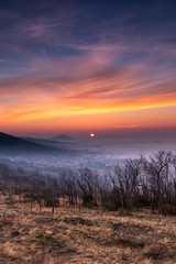 Baranya region, Hungary, 16.02.2019 - Cold morning on hungarian hills with beautiful panoramic view on Baranya region