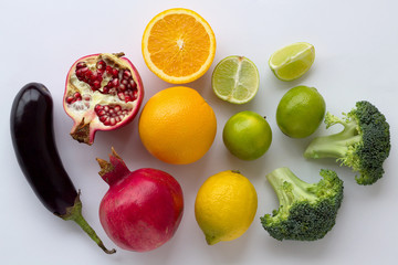 fresh fruits and vegetables isolated on white background top view