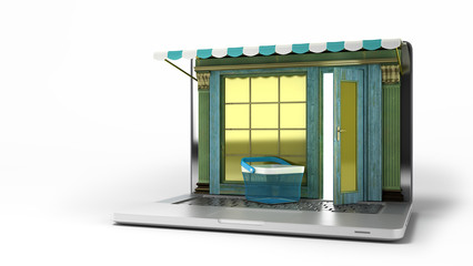 modern concept of online shoping Old style showcase on laptop screen 3d render on white