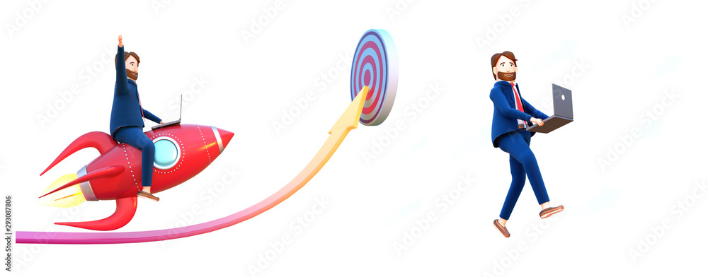 Aufkleber 3d render of businessmen working in laptop with rocket and arrow target dartboard on white backgroun