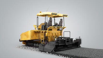Yellow asphalt spreader machine lays asphalt 3d render on grey gradient