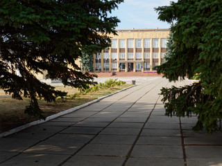 Administration building of the city in autumn. Kupyansk, Ukraine