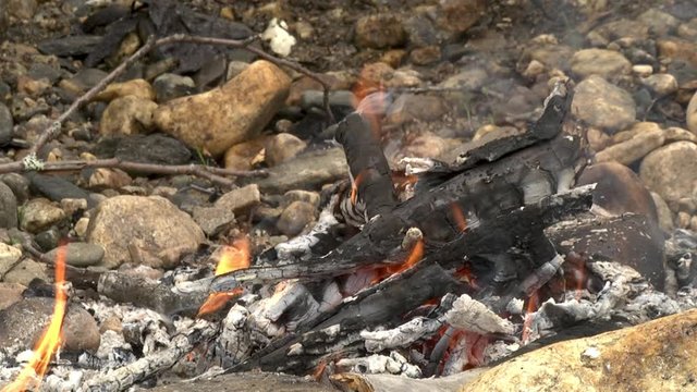 Almost burned out campfire on a river bank.
