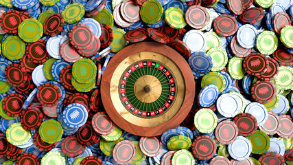 different color casino chips as background 3d render objects