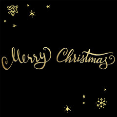 Merry Christmas gold lettering. Cute shiny hand drawn clip art for winter holidays design. Vector illustration for greeting cards, banners, party invitations.