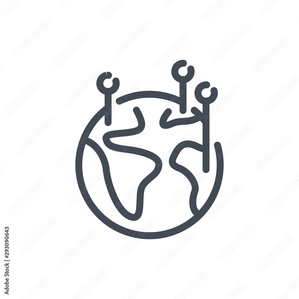 Poster earth with location pins line icon. pointers on planet vector outline sign.